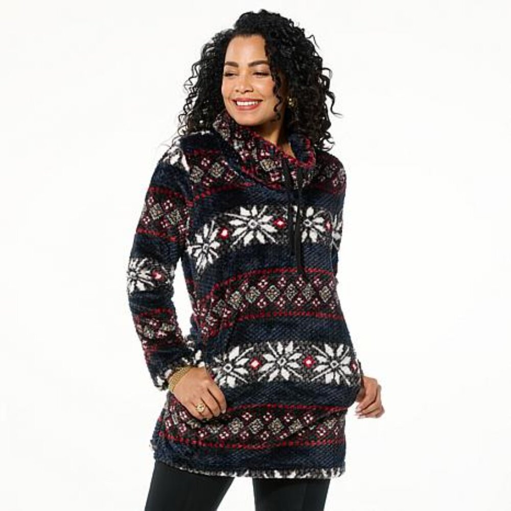 Hue Plush Fleece Cozy Cowl Neck Lounger Tops Charcoal Fairisle